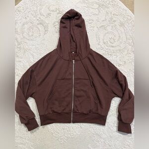 Brown Cropped Zip Up Hoodie Women’s XL Boxy Fleece Full‎ Zip Sweatshirt